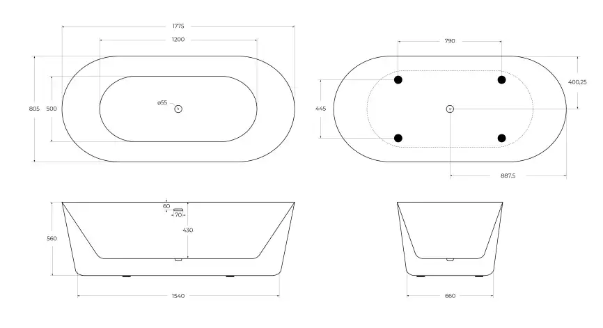 Акриловая ванна BELBAGNO 178х80 BB306-1775 овальная, отдельностоящая, Белая фото 4