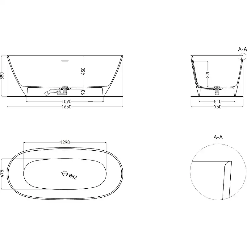 Ванна Salini NOEMI 185х80 101811SM из материала S-Stone, Белая матовая фото 8