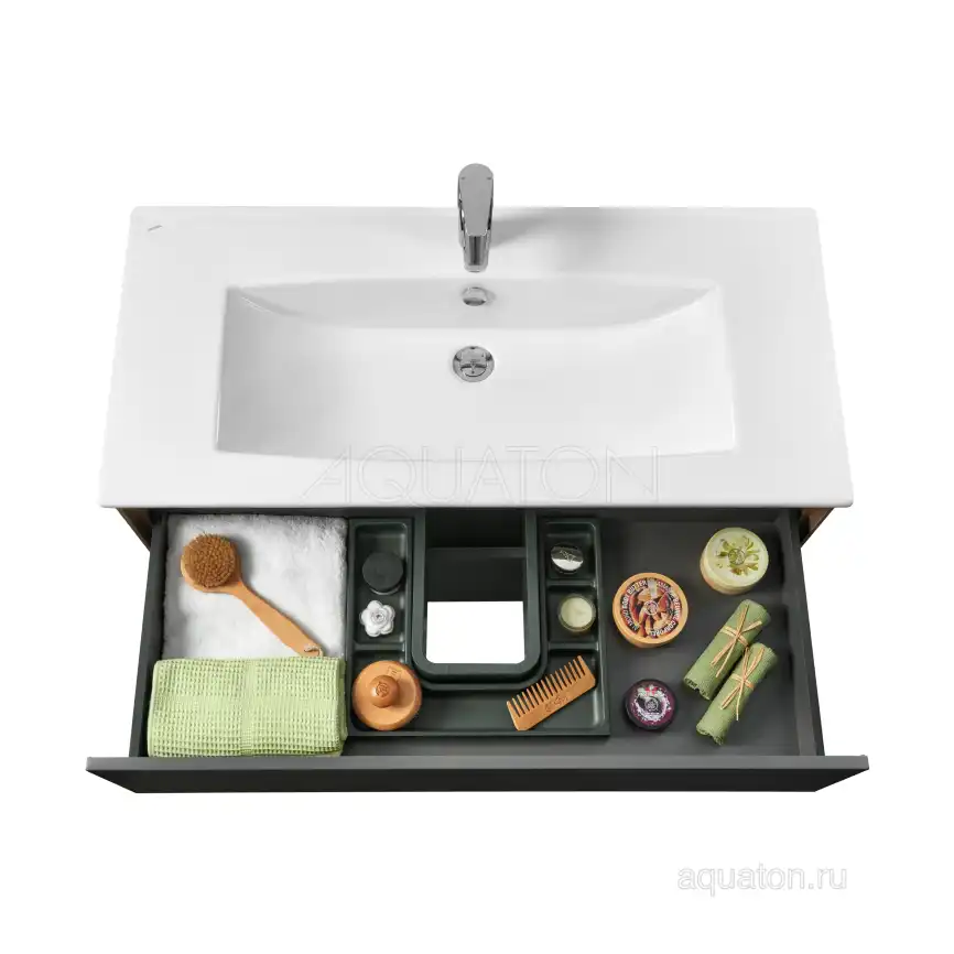 Тумба под раковину Aquaton Сохо 100 1A258201AJA00 подвесная цвет, дуб веллингтон / графит софт фото 5