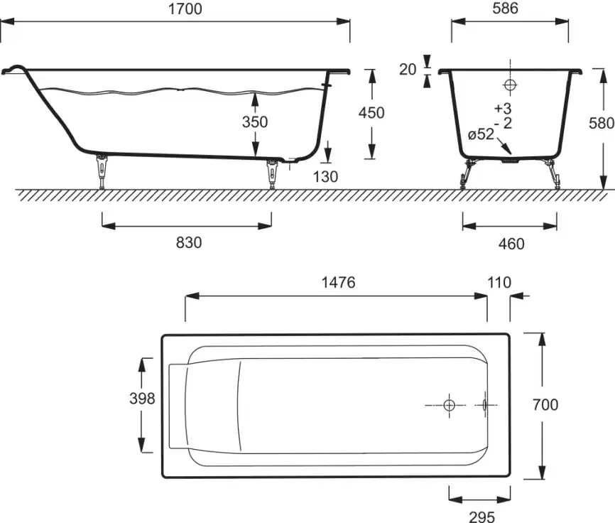 Чугунная ванна Jacob Delafon Parallel 170х70 E2947-00 с антискользящим покрытием, Белая фото 3