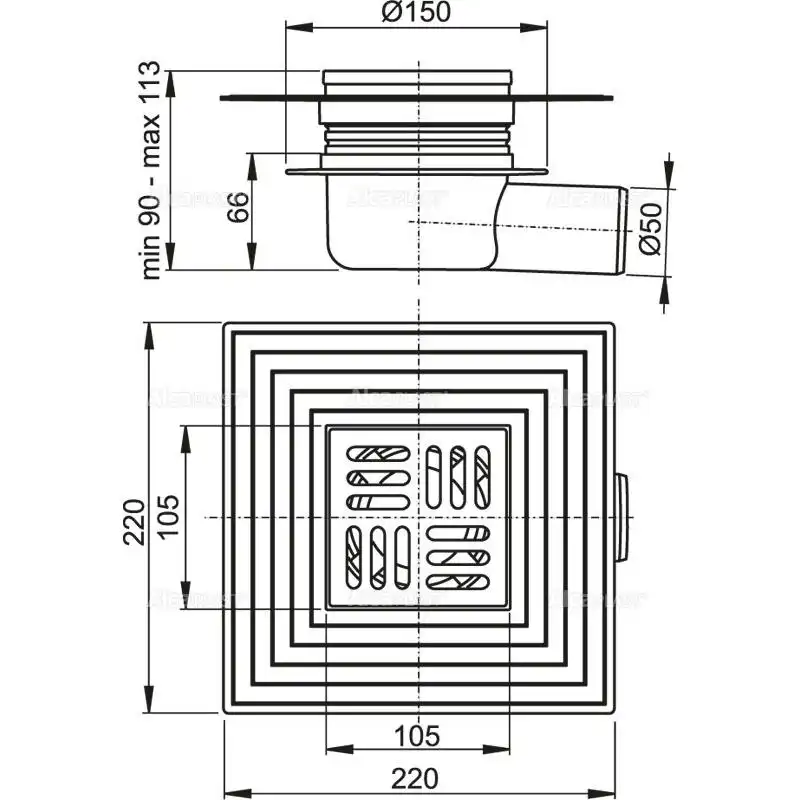 Душевой трап AlcaPlast 105х105/50 подводка – боковая, решетка – нержавеющая сталь APV26C фото 2