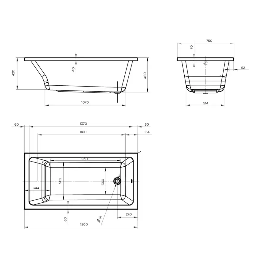 Акриловая ванна Marka One BIANCA 150х75 Прямоугольная белая 01бья1575 фото 3