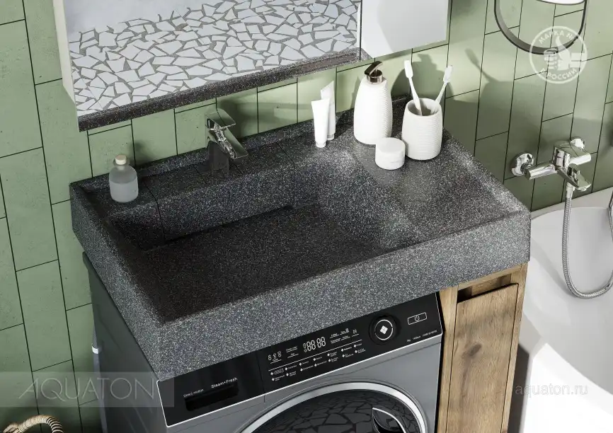 Раковина  Aquaton Рейн 80х50 1A72113KRW210  над стиральной машиной, из литьевого мрамора, Графит фото 5