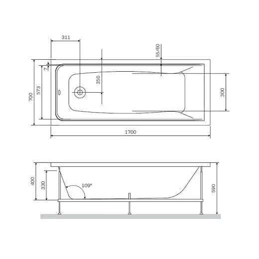 Акриловая ванна Alba Spa GAMMA 170х70 см, ВПР0230200100, Белая фото 2