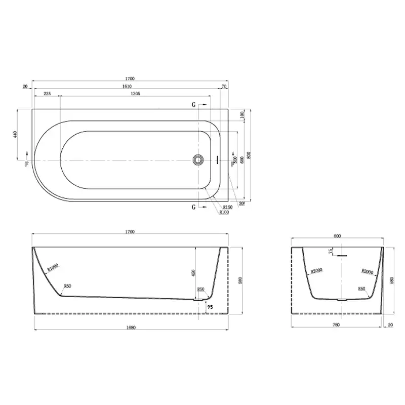 Акриловая ванна Azario LUTON 170x80 LUT17080 R, отдельностоящая пристенная, правая, белая фото 5