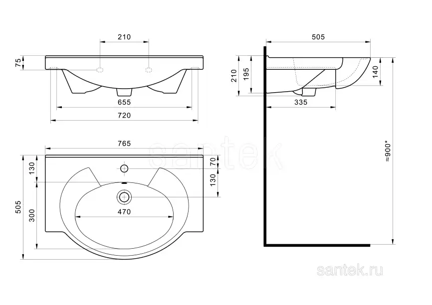 Раковина Santek Байкал 75 отверстие под смеситель 1WH110259 фото 4