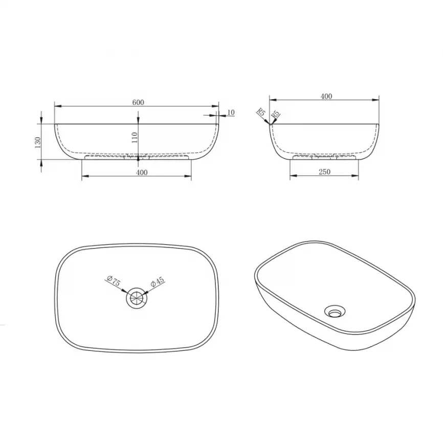 Раковина накладная ABBER STEIN 60х40х13 AS2620, прямоугольная, белая матовая фото 4
