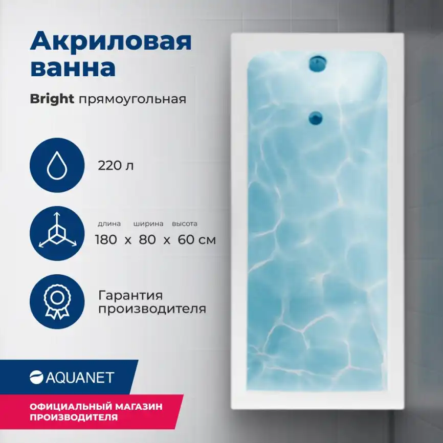 Акриловая ванна Aquanet Bright 180х80 (233143), на каркасе, белая фото 1