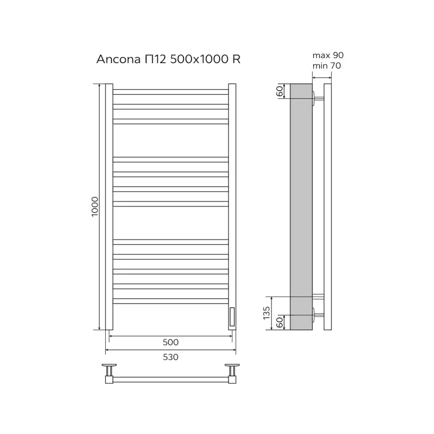 Полотенцесушитель электрический 50х100 Azario Ancona П12 AZ71850B, диммер справа, Черный матовый фото 5
