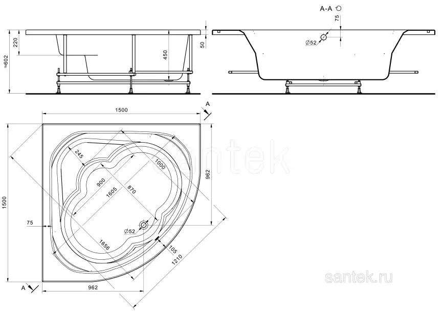 Акриловая ванна Santek Канны 150х150 1WH111983,  Белая фото 7