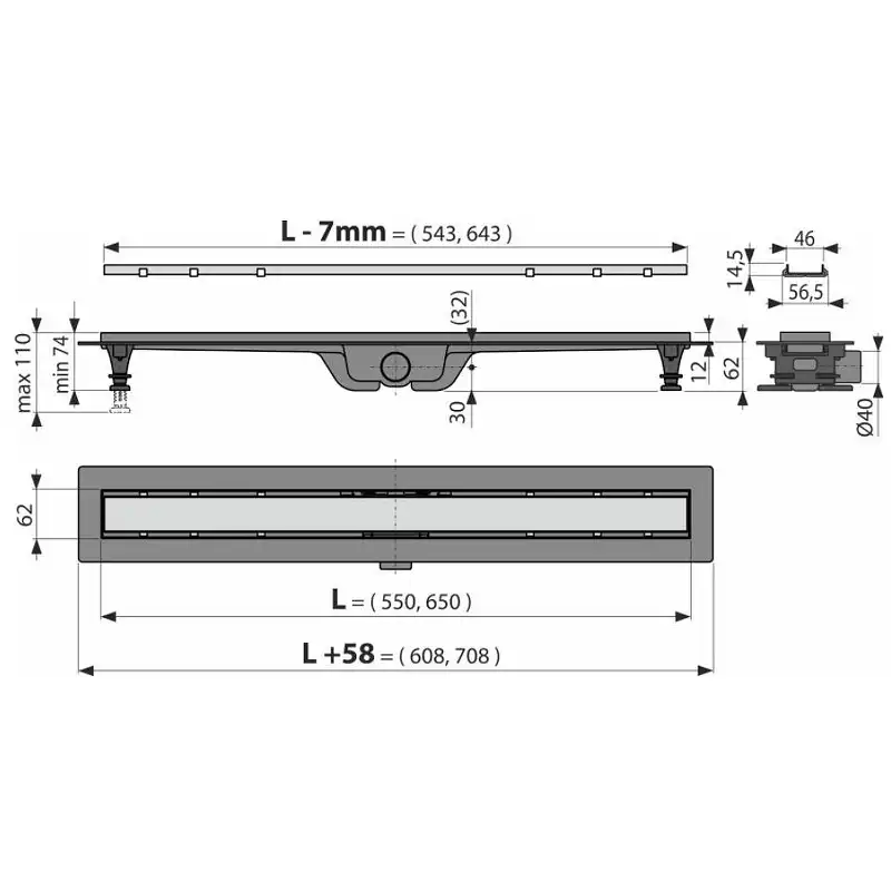 Душевой лоток AlcaPlast APZ20-550 Simple с решеткой под плитку, с рамкой / Нержавеющая сталь фото 4