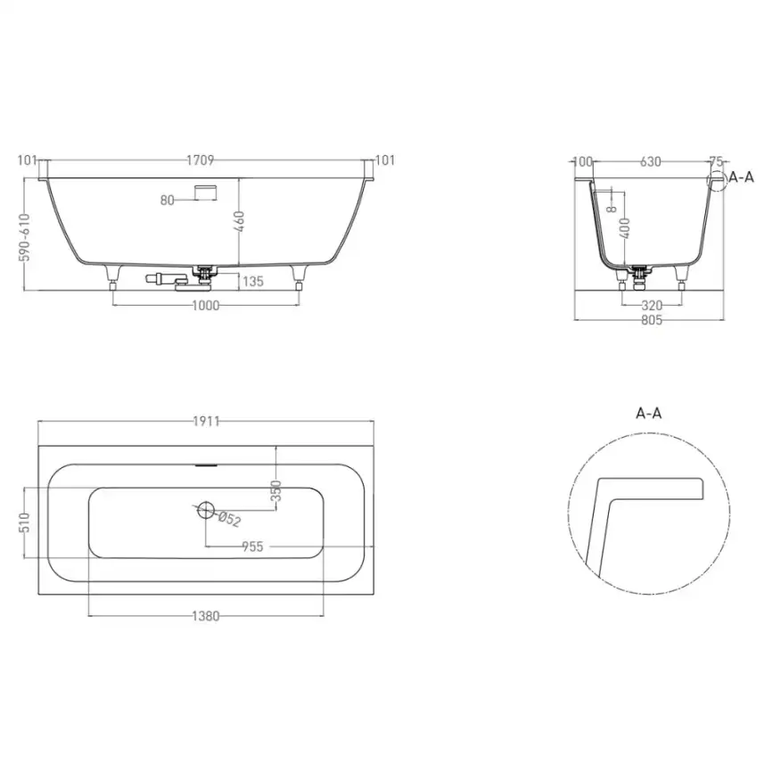 Ванна Salini ORLANDA AXIS KIT 190х80 103311M из материала S-Sense, Белая матовая фото 8