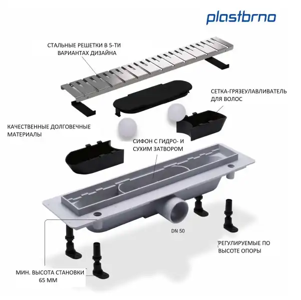 Душевой лоток PlastBrno 65 см, DESIGN 4 SZA7650 с решеткой под плитку, цвет Черный матовый фото 4