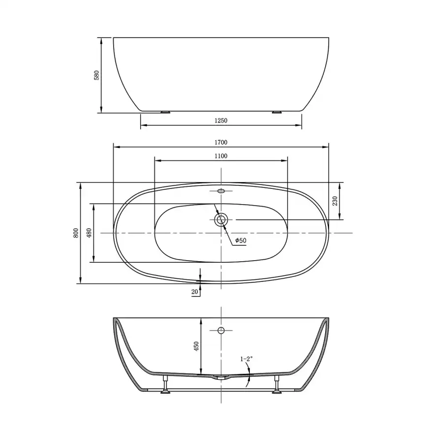 Акриловая ванна Vincea 170х80 VBT-405-1700MW отдельностоящая, Белая фото 4