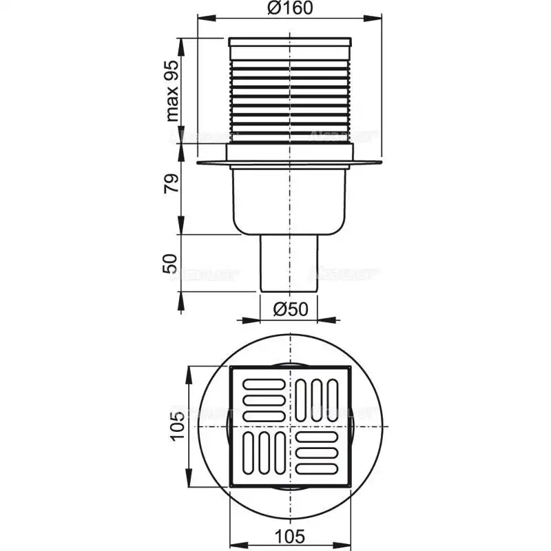 Душевой трап AlcaPlast 105х105/50, подводка – прямая, решетка –  нержавеющая сталь,гидрозатвор – мокрый APV2 фото 2
