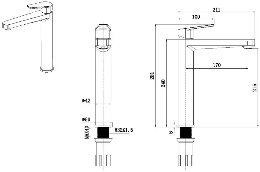 Смеситель для накладной раковины Allen Brau Eclipse 5.E1002-31, однорычажный, высокий, Черный матовый фото 2