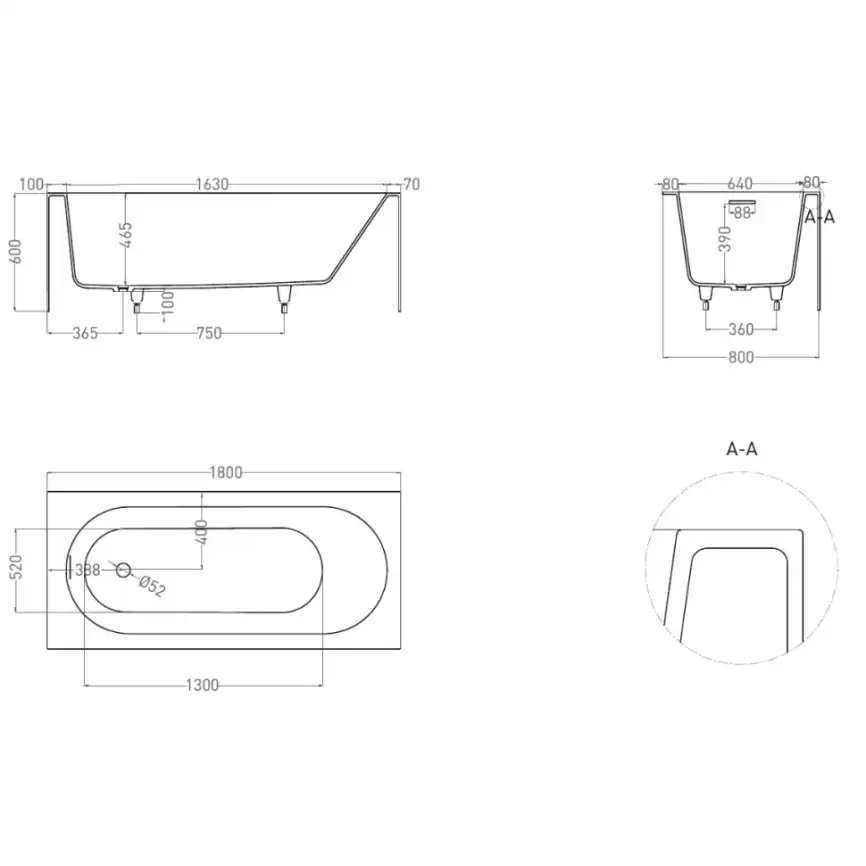 Ванна Salini FABIA 180х80 102612G из материала S-Sense, Белая глянцевая фото 4