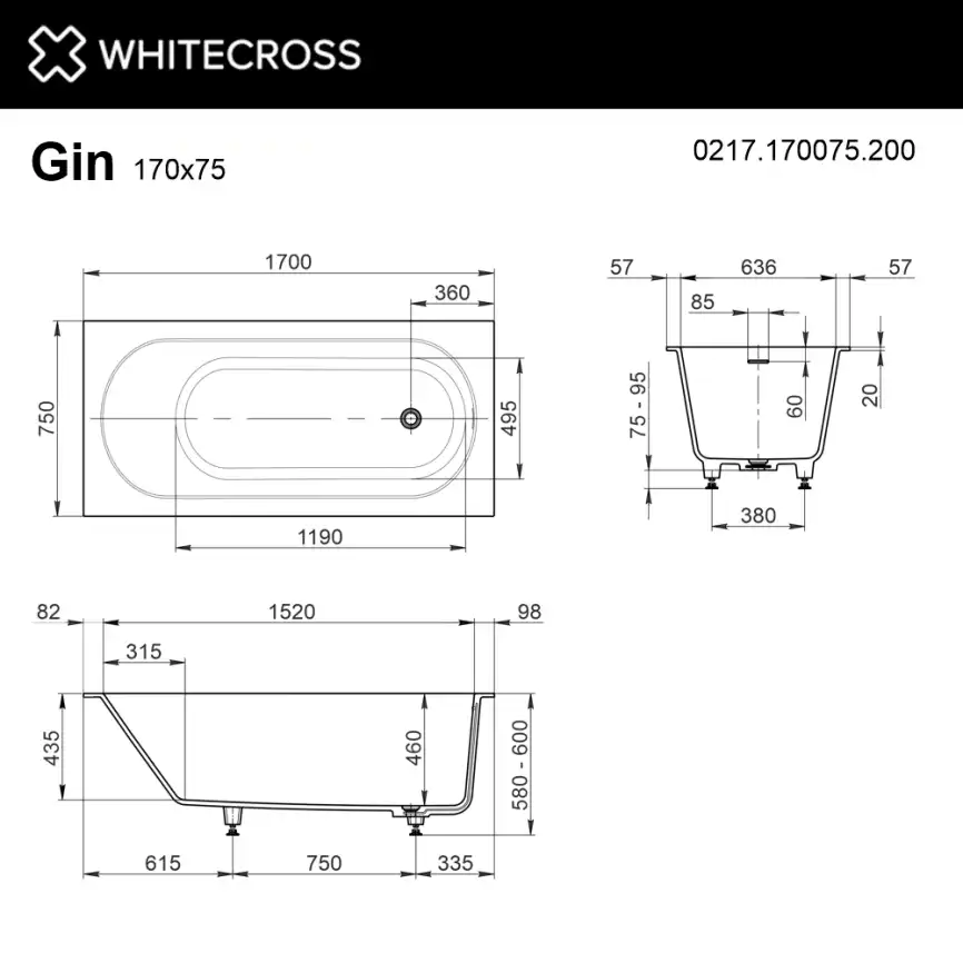 Ванна из искусственного камня WHITECROSS 170x75 Gin, белая матовая 0217.170075.200 фото 5