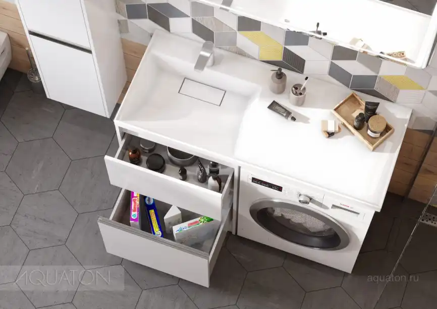 Раковина  Aquaton Лондри 120х50 L 1A72843KLH01L левая над стиральной машиной, из литьевого мрамора, Белая фото 4