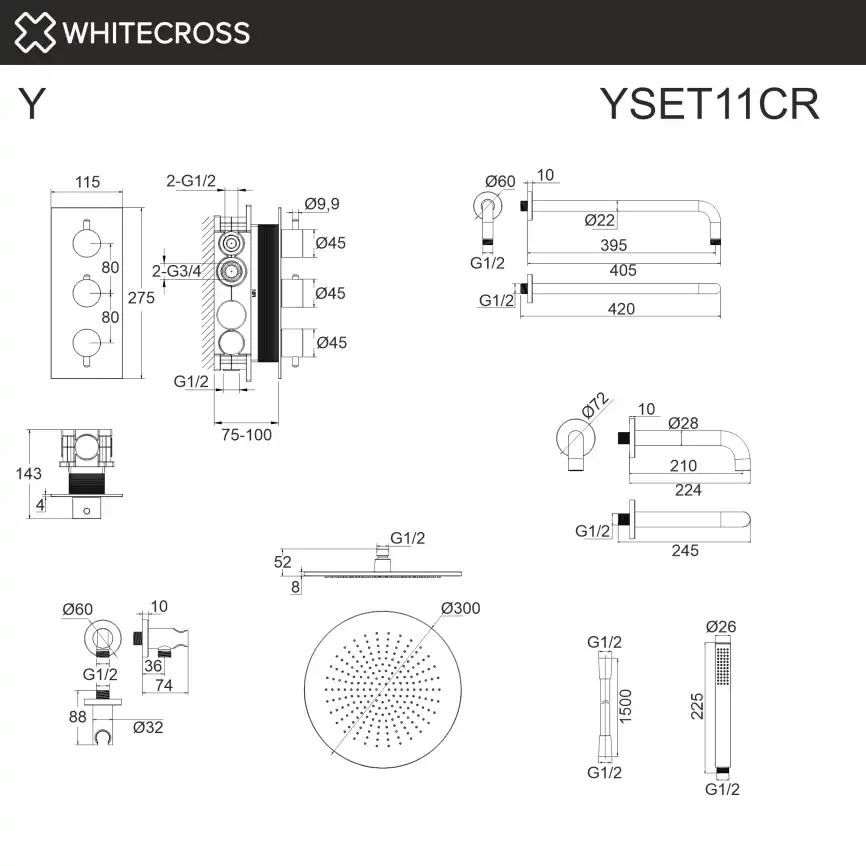 Душевая система для ванны WHITECROSS Y chrome YSET11CR, термостатическая, скрытого монтажа, Хром фото 5