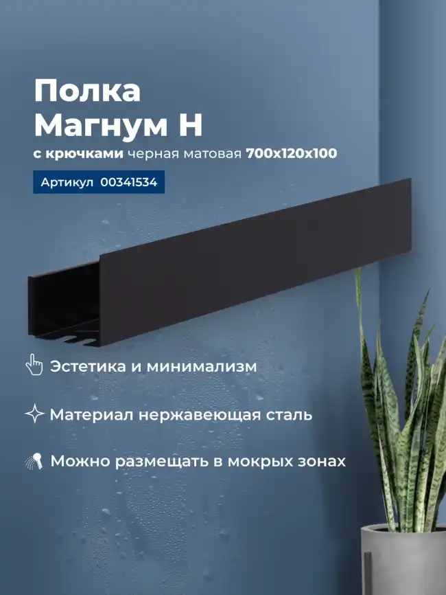 Полка Aquanet Магнум Н 70x12 черная матовая, с крючками, 341534 фото 1
