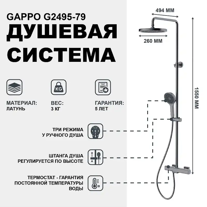 Душевая система Gappo G2495-79 с тропическим душем и термостатом, Оружейная сталь фото 12