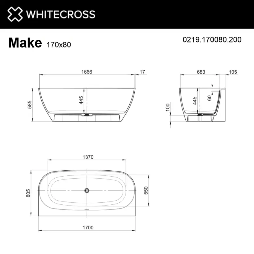 Ванна из искусственного камня WHITECROSS 170x80 Make, белая матовая 0219.170080.200 фото 6