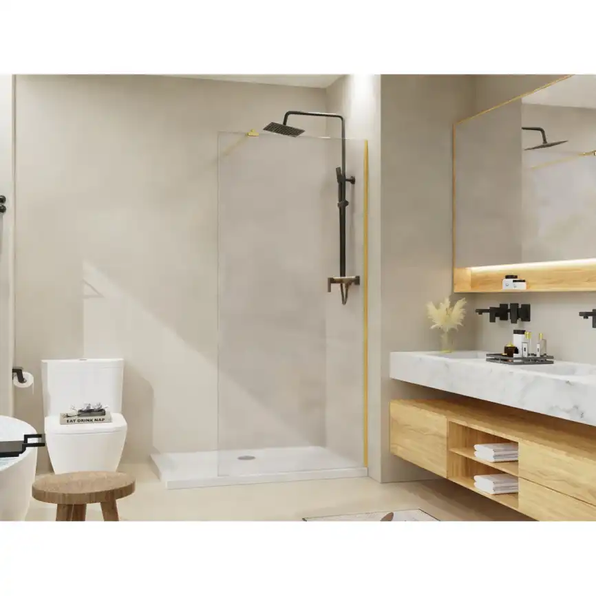 Душевая перегородка Azario Walk-in 100 AZ-251-100-BGL-CL стекло 8 мм прозрачное, профиль Золото матовое фото 1