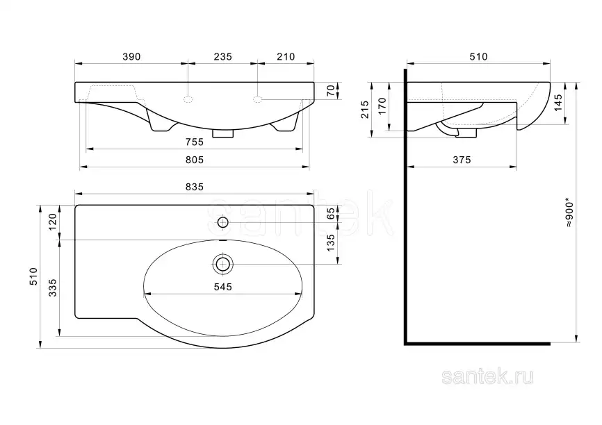 Раковина Santek Коралл 83 отверстие под смеситель 1WH110225 с левым крылом фото 4