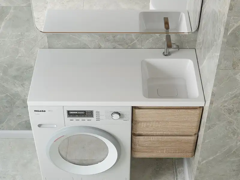 Раковина  Madera Kamilla 110х48 R 4627173210034 правая над стиральной машиной, из литьевого мрамора, Белая фото 3