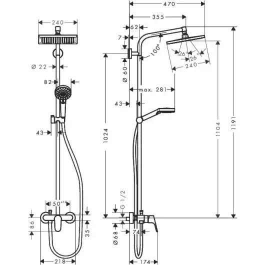 Душевая система Hansgrohe Crometta E 240 1jet Showerpipe 27284000 для душа с термостатом, Хром фото 8