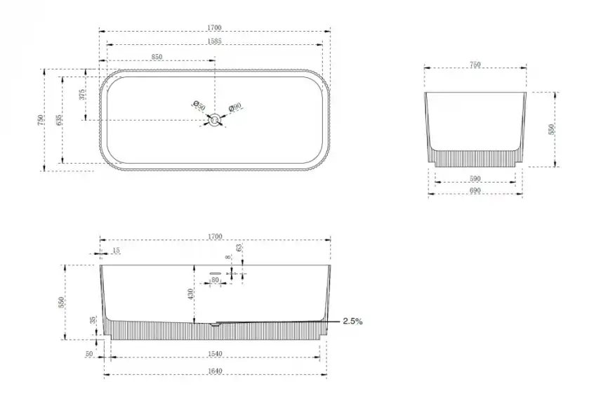 Ванна  Abber Stein 170х75 AS9663 из искусственного камня, Белая матовая фото 6