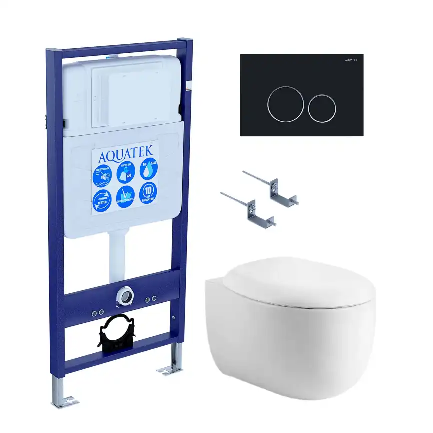Унитаз с инсталляцией Aquatek Альтаир SET AQUATEK АЛЬТАИР cm-020 4в1 с сиденьем Микролифт и черной клавишей смыва фото 1