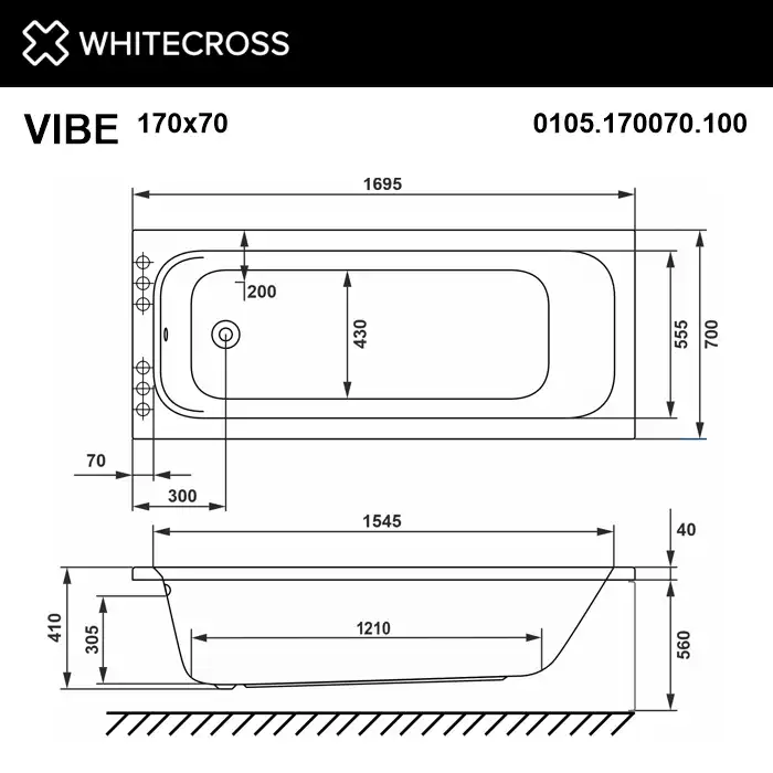 Акриловая ванна Whitecross VIBE 170х70 0105.170070.100 прямоугольная, Белая фото 5