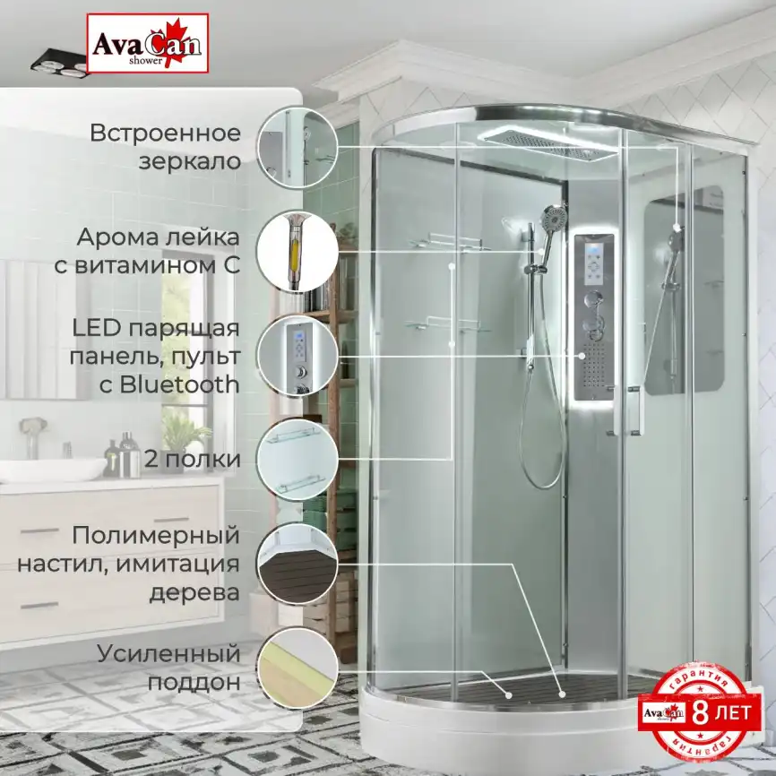 Душевая кабина AvaCan A2812RLED 120x80 см, низкий поддон, с крышей, правая фото 2