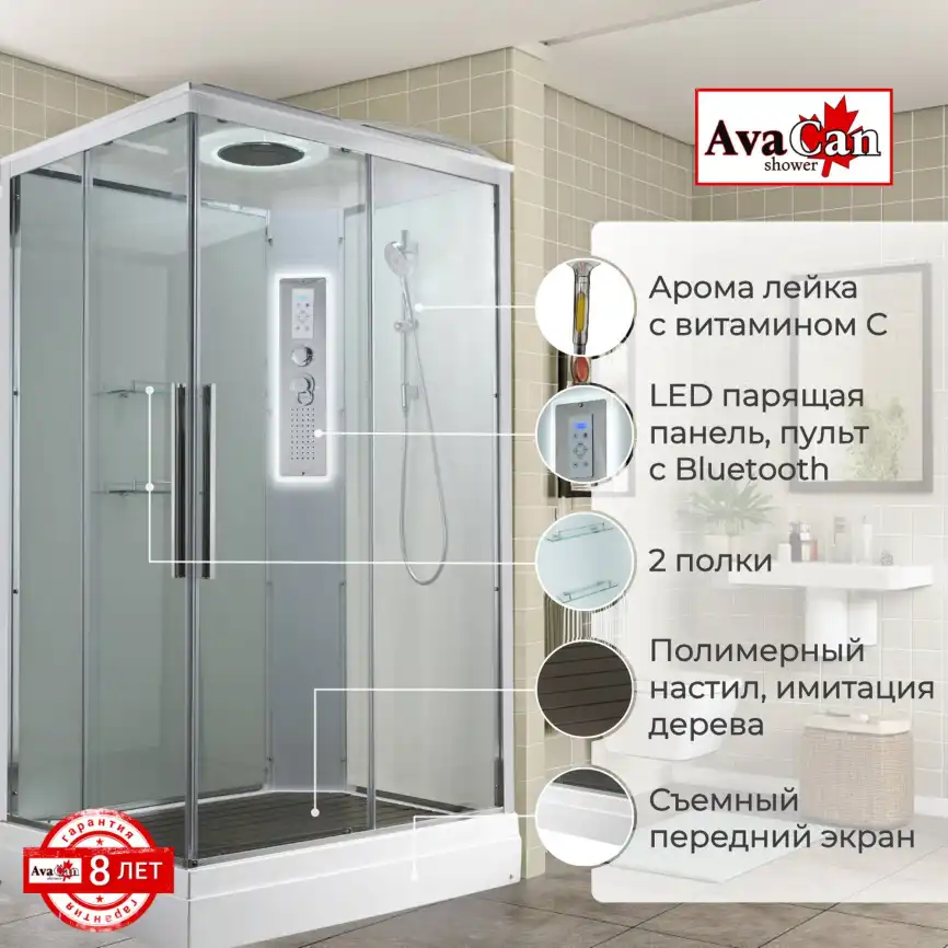 Душевая кабина AvaCan K2810LED 100x80 см, низкий поддон, с крышей фото 2
