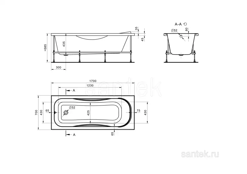 Акриловая ванна Santek Тенерифе 170х70 1WH302207 прямоугольная, Белая фото 8