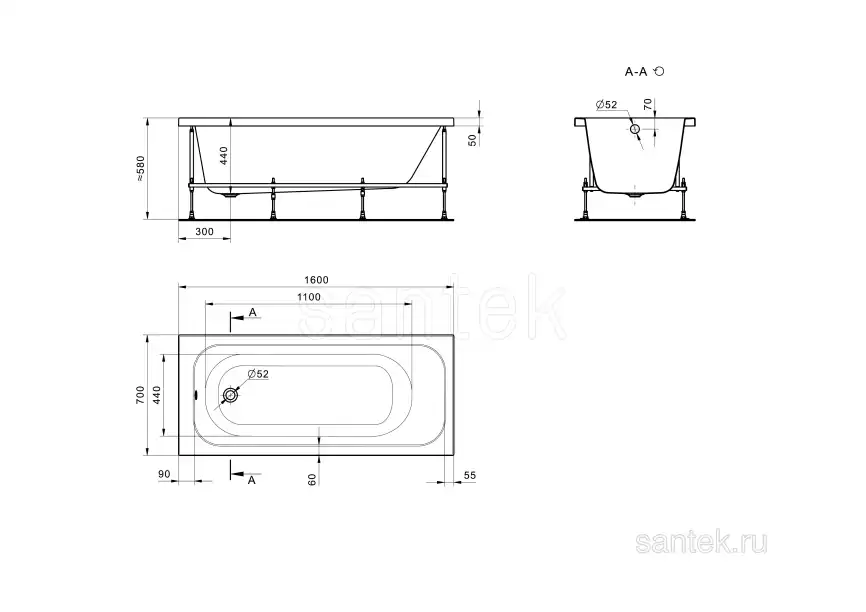 Акриловая ванна Santek Ламма 160х70 1WH501767 прямоугольная, Белая фото 5