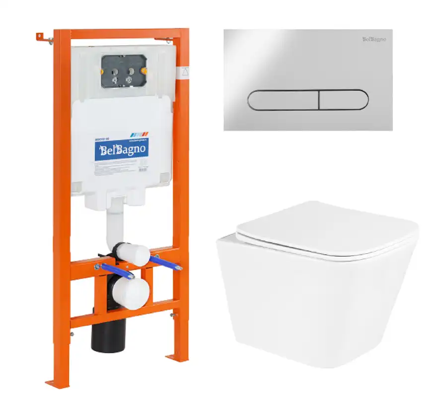 Комплект 3 в 1 Унитаз подвесной с сиденьем BelBagno DUE BB3103CHR/SC + Система инсталляции для унитазов BelBagno BB002-80  с кнопкой смыва BB005-PR-CHROME фото 1