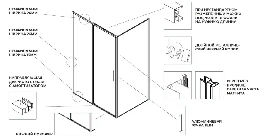 Душевая дверь Aquanet Pleasure Evo 100 AE65-N100-GBT профиль золото-никель браш, прозрачное стекло фото 3