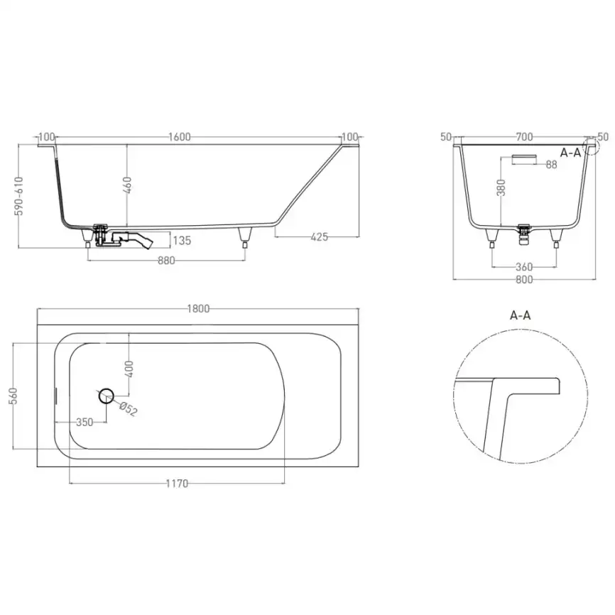 Ванна Salini ORLANDA  KIT 180х80 102112M из материала S-Sense, Белая матовая фото 10