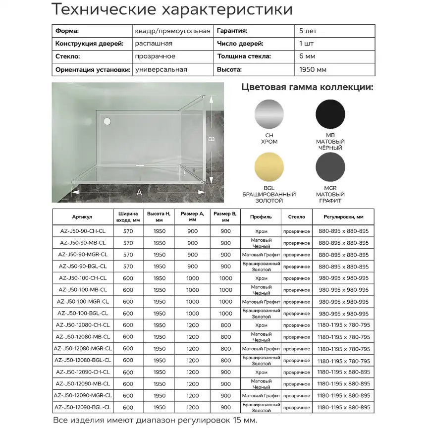 Душевой уголок Azario MALE SQR 120х90 AZ-J50-12090-MGR-CL, профиль графит матовый, стекло Прозрачное фото 8