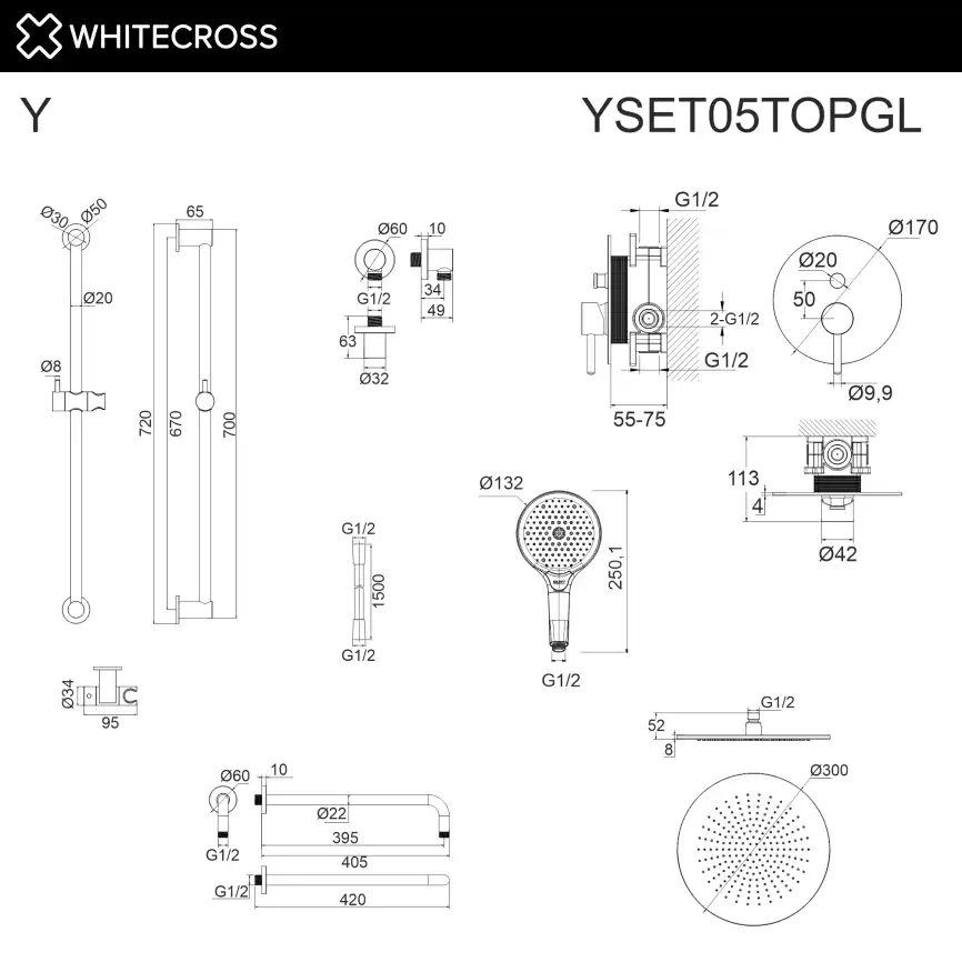 Душевая система для душа WHITECROSS Y gold YSET05TOPGL, скрытого монтажа, Золото глянцевое фото 3