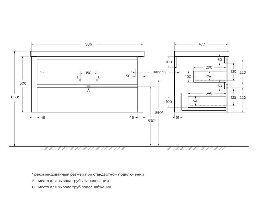 Тумба под раковину Cezares RELAX 100 см, RELAX-1000-2C-SO-GM , Оружейная сталь фото 2