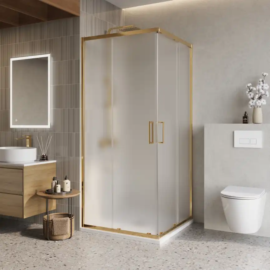 Душевой уголок BelBagno LUCE-A-2-90-P-ORO стекло рифленное матовое, профиль Золото глянцевое фото 1