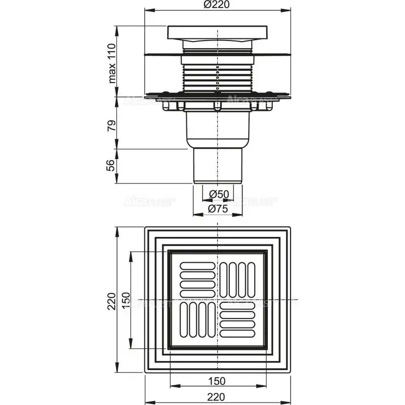 Душевой трап AlcaPlast 150х150/50/75, подводка – прямая, решетка –  нержавеющая сталь APV4444 фото 2