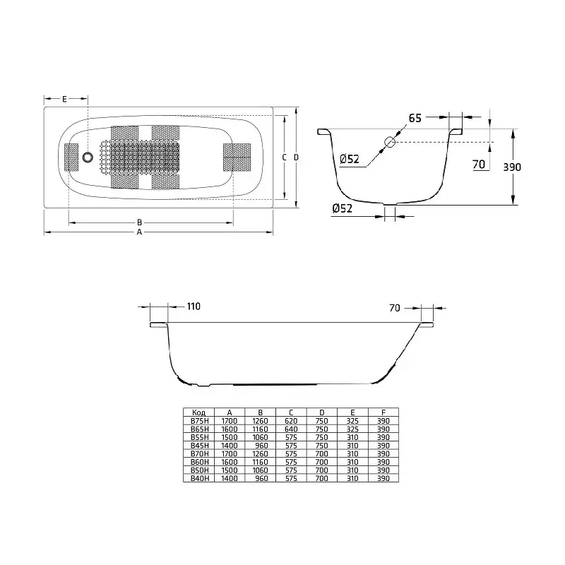 Стальная ванна BLB Universal HG 150х70 B50H с/руч 3,5 mm с отверстиями для ручек, Белая фото 2