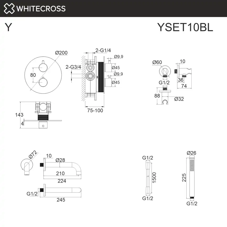 Душевая система для ванны WHITECROSS Y black YSET10BL, термостатическая, скрытого монтажа, Черный матовый фото 3