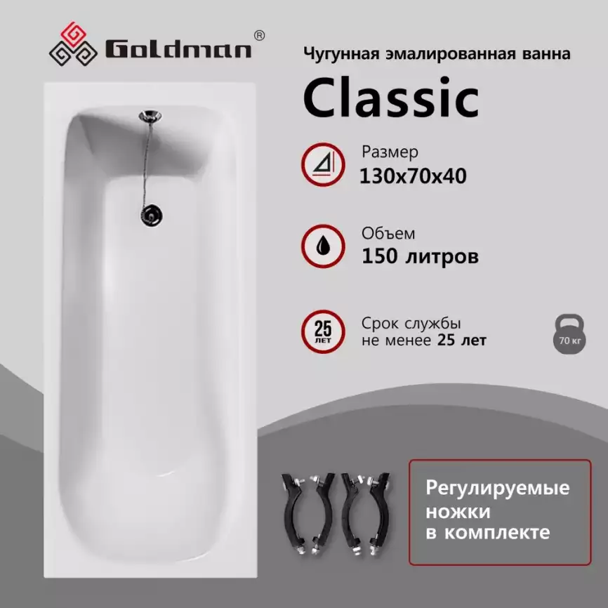 Чугунная ванна Goldman CLASSIC 130х70 с ножками, Белая фото 1