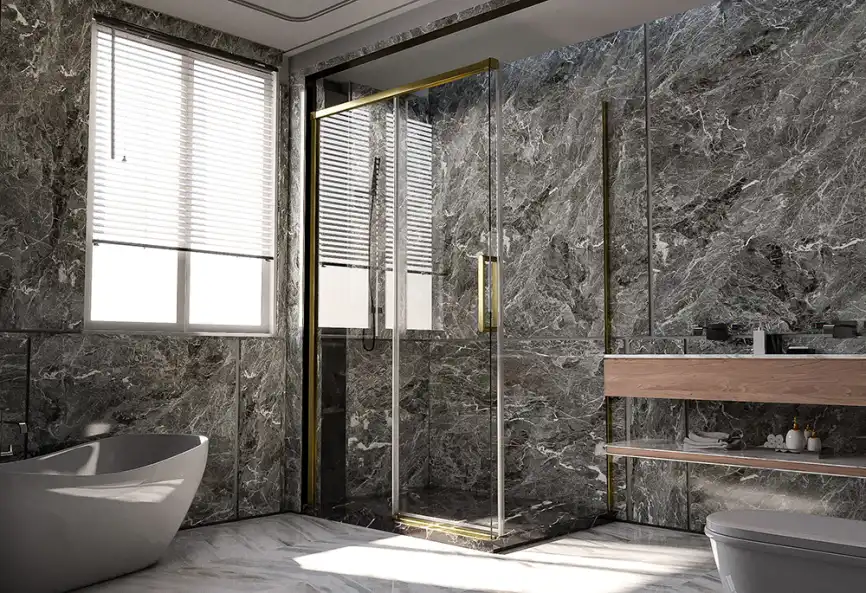 Душевой уголок  Veconi Premium Trento 150х90 PTC40-SP-15090-G-01-C4, стекло Прозрачное профиль Брашированное золото фото 1